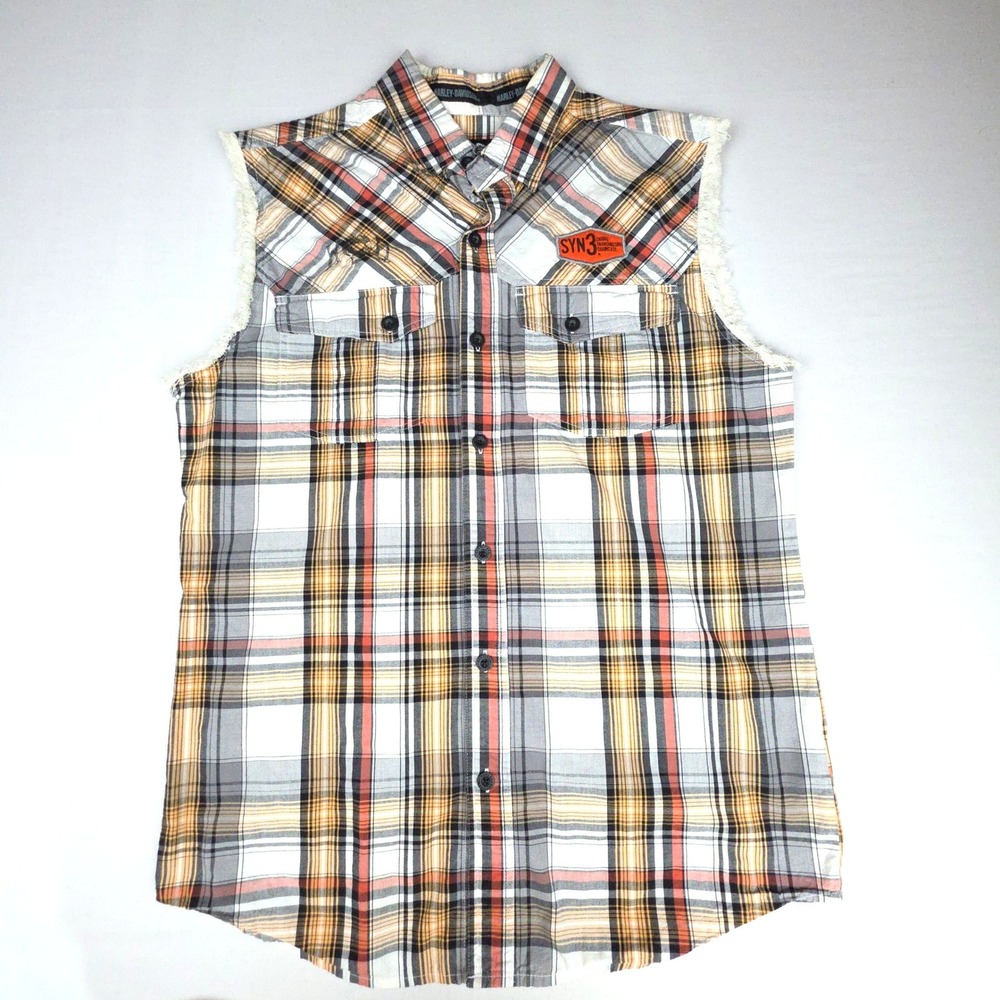 Harley Davidson Genuine MotorClothes Sleeveless Plaid Shirt Mens M Orange Cotton